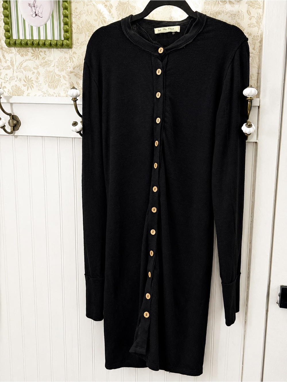 Free People Black Knit Button-Up Top with Wood Buttons
